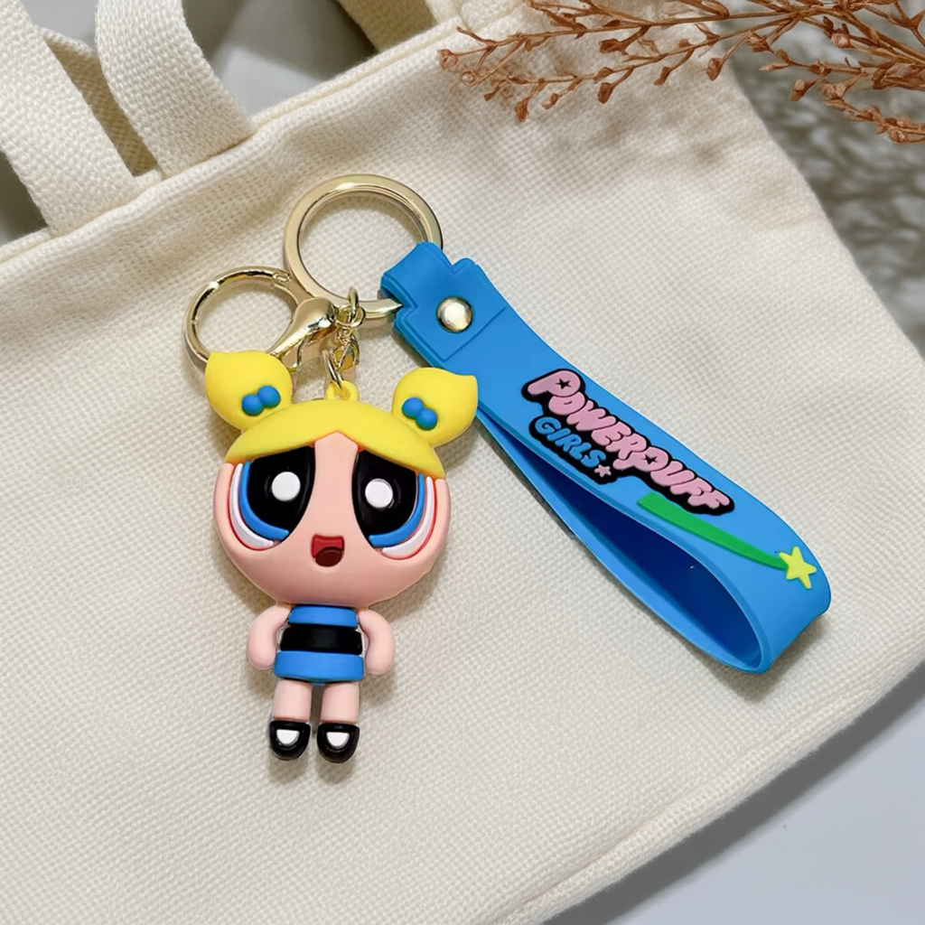 Nostalgic Powerpuff Girls Cute Silicone Doll Keychain with Keyring.