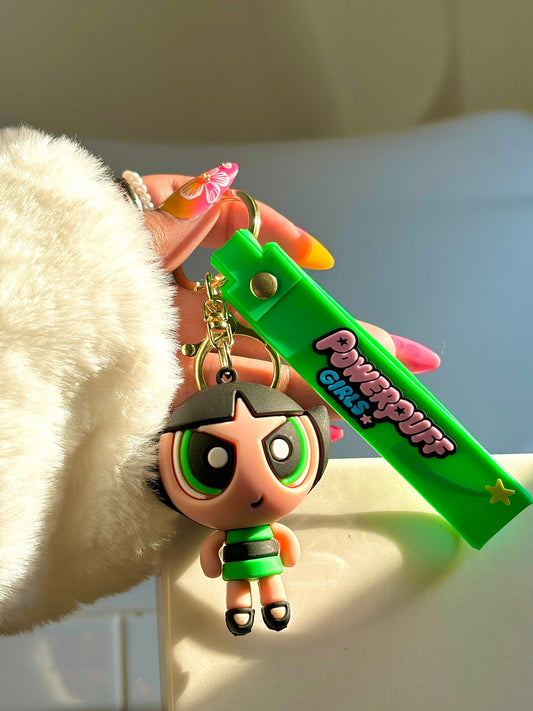 Nostalgic Powerpuff Girls Cute Silicone Doll Keychain with Keyring.