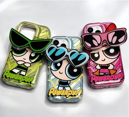 Powerpuff Girls Phone Case - Holographic Glossy Finish, Cute Design with Sunglasses, Includes  Free Gifts and powerpuff stickers.