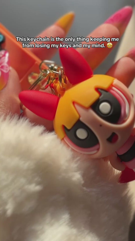 Nostalgic Powerpuff Girls Cute Silicone Doll Keychain with Keyring.